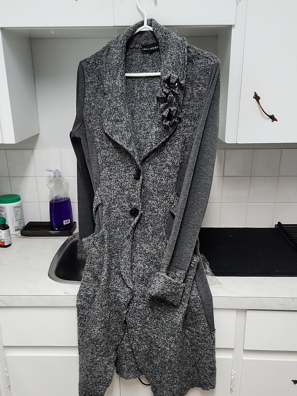 Gray Knit Trench Coat with Floral Accent